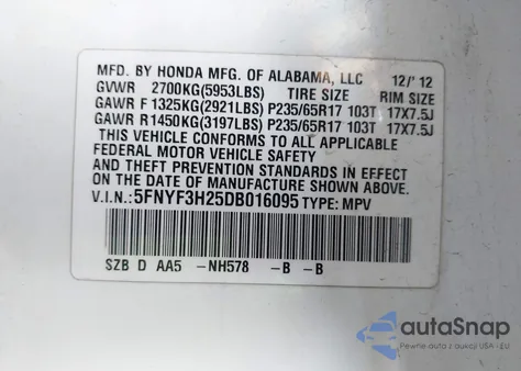 2013 Honda Pilot Lx из США, поврежденный, VIN 5FNYF3H25DB016095